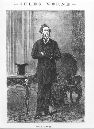 フィリアスフォッグの肖像画、ルイデュモン（b.1822）によって刻まれたジュールヴェルヌ（1828-1905）による「80日間の世界一周」のイラスト 作： Alphonse Marie de Neuville